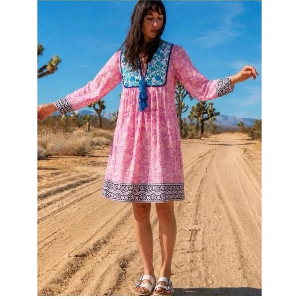 SZ Blockprints Kitty Mini Dress Women's M Pink Floral Tassel Cotton Boho Tunic